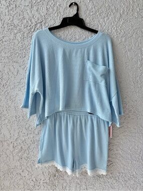 Simply Southern Light Blue Tidal Waffle Knit Lounge Top & Shorts 2 pc Set Large